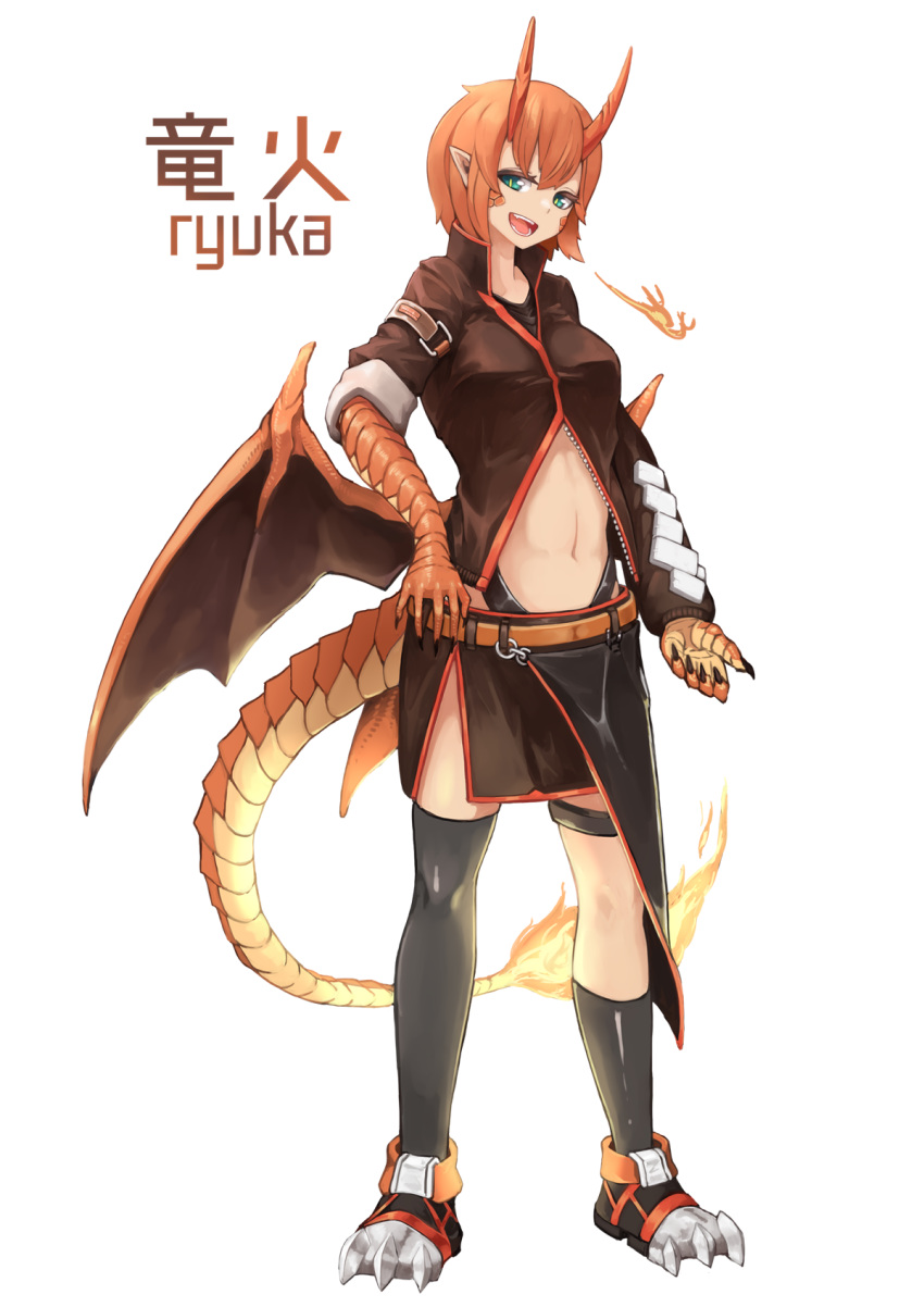 1girl, :d, asymmetrical_legwear, black_legwear, breathing_fire, dragon_girl, dragon_horns, dragon_tail