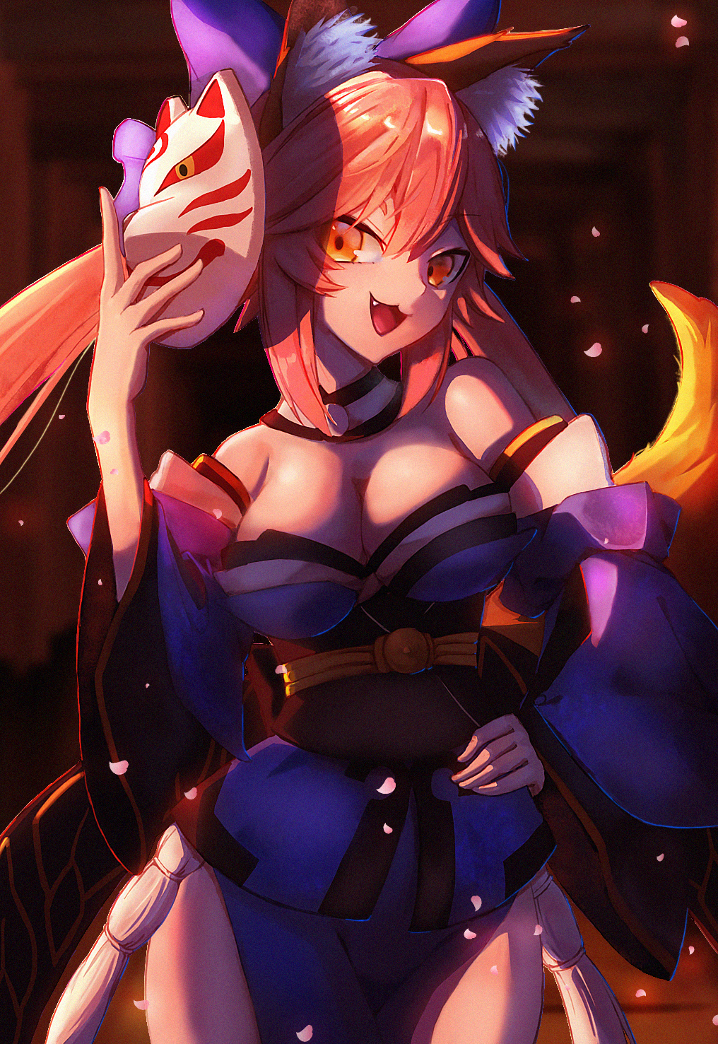 1girl, animal_ear_fluff, animal_ears, bare_shoulders, blue_kimono, blue_ribbon, breasts, commentary, commentary_request, detached_sleeves, eason870408, fang, fate/extra, fate/extra_ccc, fate/grand_order, fate_(series), fox_ears, fox_girl, fox_mask, fox_tail, hair_ribbon, hands_on_hips, highres, japanese_clothes, kimono, large_breasts, looking_at_viewer, mask, open_mouth, pink_hair, ribbon, solo, tail, tamamo_(fate)_(all), tamamo_no_mae_(fate), yellow_eyes