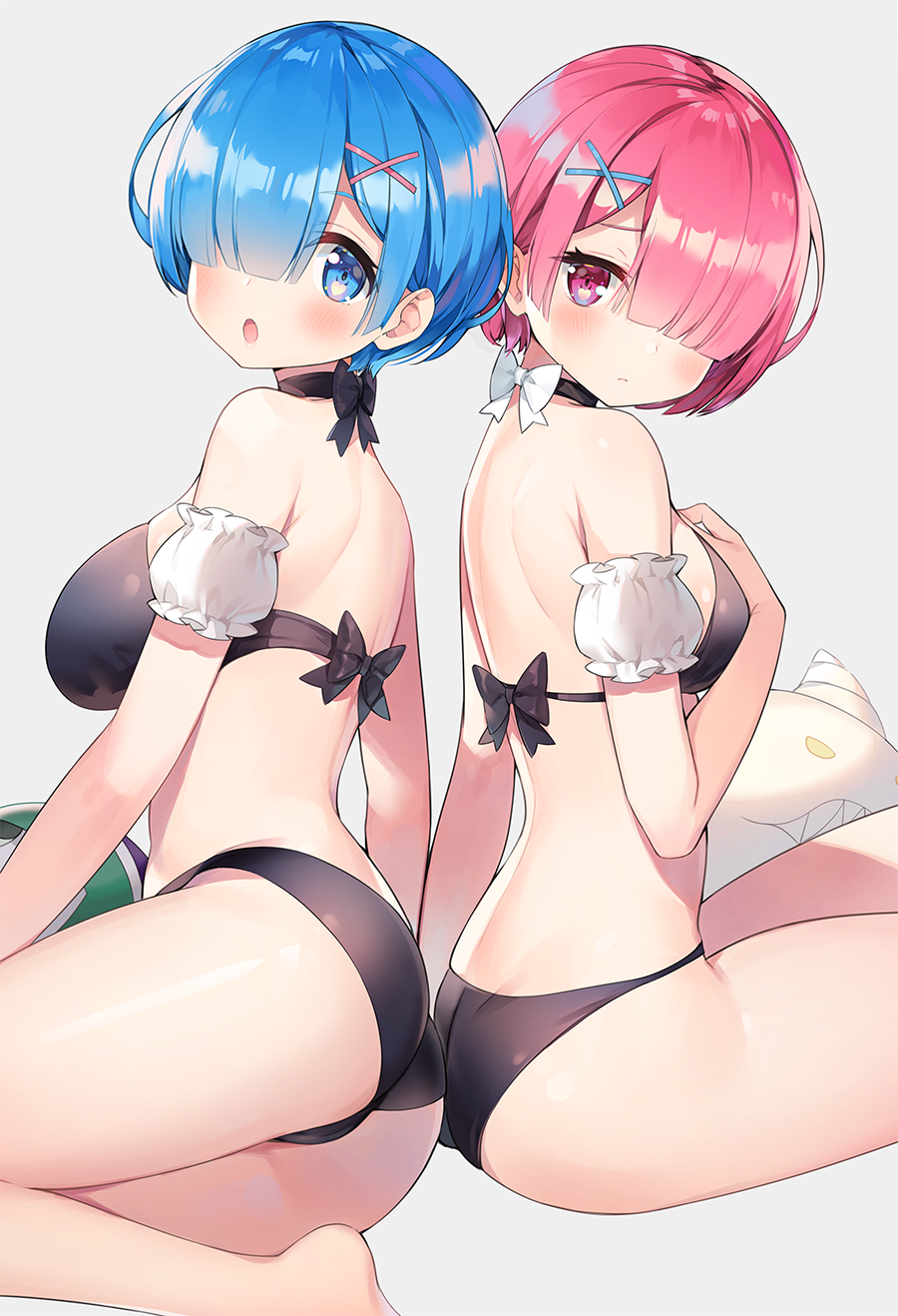 2girls, :o, ass, ayamy, bare_shoulders, black_bra, black_choker, black_panties, blue_eyes, blue_hair, bra, breasts, choker, detached_sleeves, from_side, hair_ornament, hair_over_one_eye, hakugei_(re:zero), highres, large_breasts, looking_at_viewer, looking_to_the_side, medium_breasts, multiple_girls, open_mouth, panties, petelgeuse_romaneeconti, pink_eyes, pink_hair, ram_(re:zero), re:zero_kara_hajimeru_isekai_seikatsu, rem_(re:zero), short_hair, thighs, underwear, underwear_only, x_hair_ornament