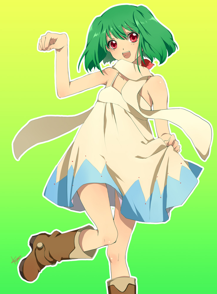 boots, dancing, dress, green_hair, kayou_(artist), kayou_(pixiv62835), macross, macross_frontier