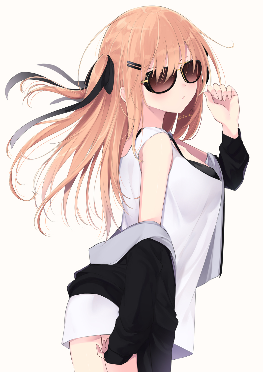 1girl, bangs, bare_shoulders, black_jacket, breasts, cowboy_shot, floating_hair, hair_ornament