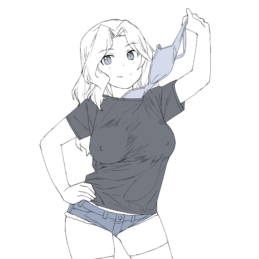 1girl, ass_visible_through_thighs, black_shirt, bracelet, breasts, contrapposto, covered_nipples, cutoffs, denim, denim_shorts, girls_und_panzer, hand_on_hip, highres, jewelry, kay_(girls_und_panzer), long_hair, looking_at_viewer, medium_breasts, monochrome, onsen_tamago_(hs_egg), removing_bra_under_shirt, shirt, shorts, smile, solo, thigh-highs, white_background