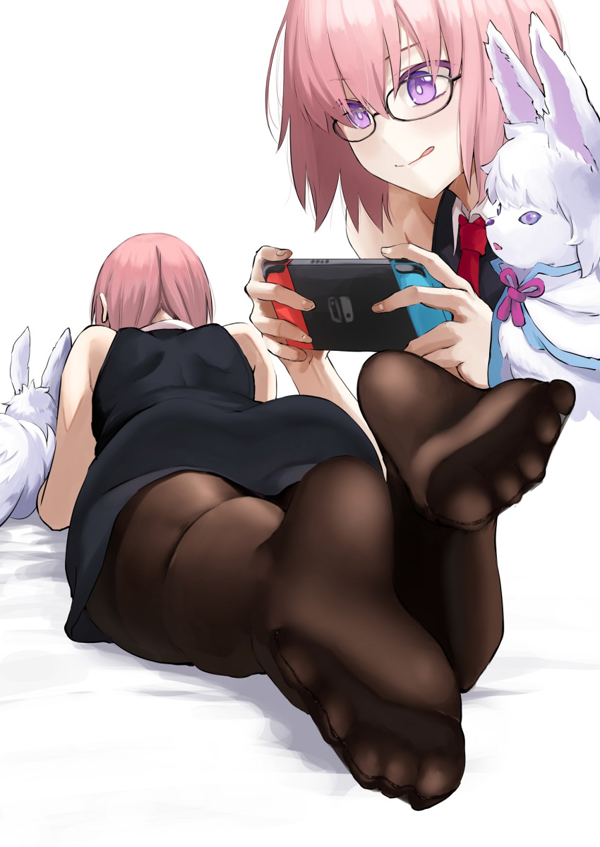 1girl, asakura_kukuri, ass, black_dress, blush, breasts, brown_legwear, closed_mouth