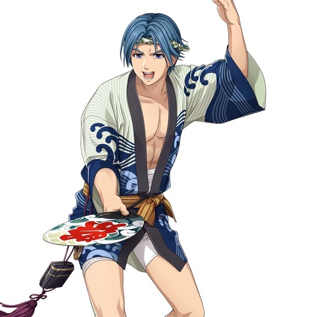 1boy, arm_up, artist_request, bathrobe, blue_eyes, blue_hair, eiyuu_densetsu, gilbert_stein_(eiyuu_densetsu), holding, male_focus, official_art, open_mouth, short_hair, simple_background, solo, sora_no_kiseki, teeth