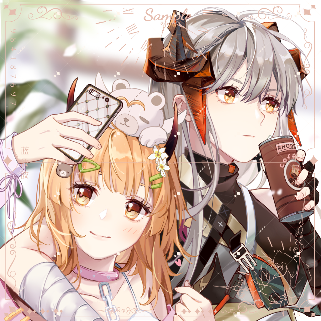 2girls, arknights, arm_around_shoulder, bandages, bangs, black_gloves, blonde_hair, brown_eyes, camisole, can, canned_coffee, cellphone, chain, character_request, choker, fingerless_gloves, flower, gloves, hair_between_eyes, hair_flower, hair_ornament, hairclip, hand_up, head_tilt, holding, holding_can, holding_phone, horns, lammmmmmbo, long_hair, multiple_girls, phone, pink_choker, saria_(arknights), silver_hair, smartphone, spaghetti_strap, upper_body, white_flower, wrist_wrap