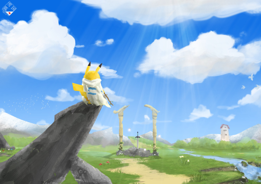 absurdres, blue_sky, clothed_pokemon, clouds, cloudy_sky, commentary_request, creature, day