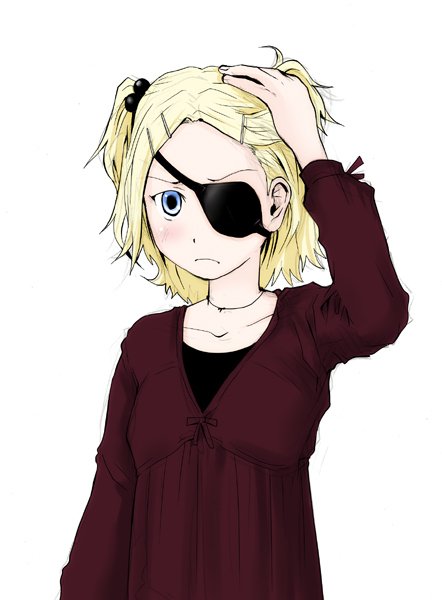 bad_id, blonde_hair, blue_eyes, eyepatch, hair_ornament, hairclip, necromanesque, one-eyed