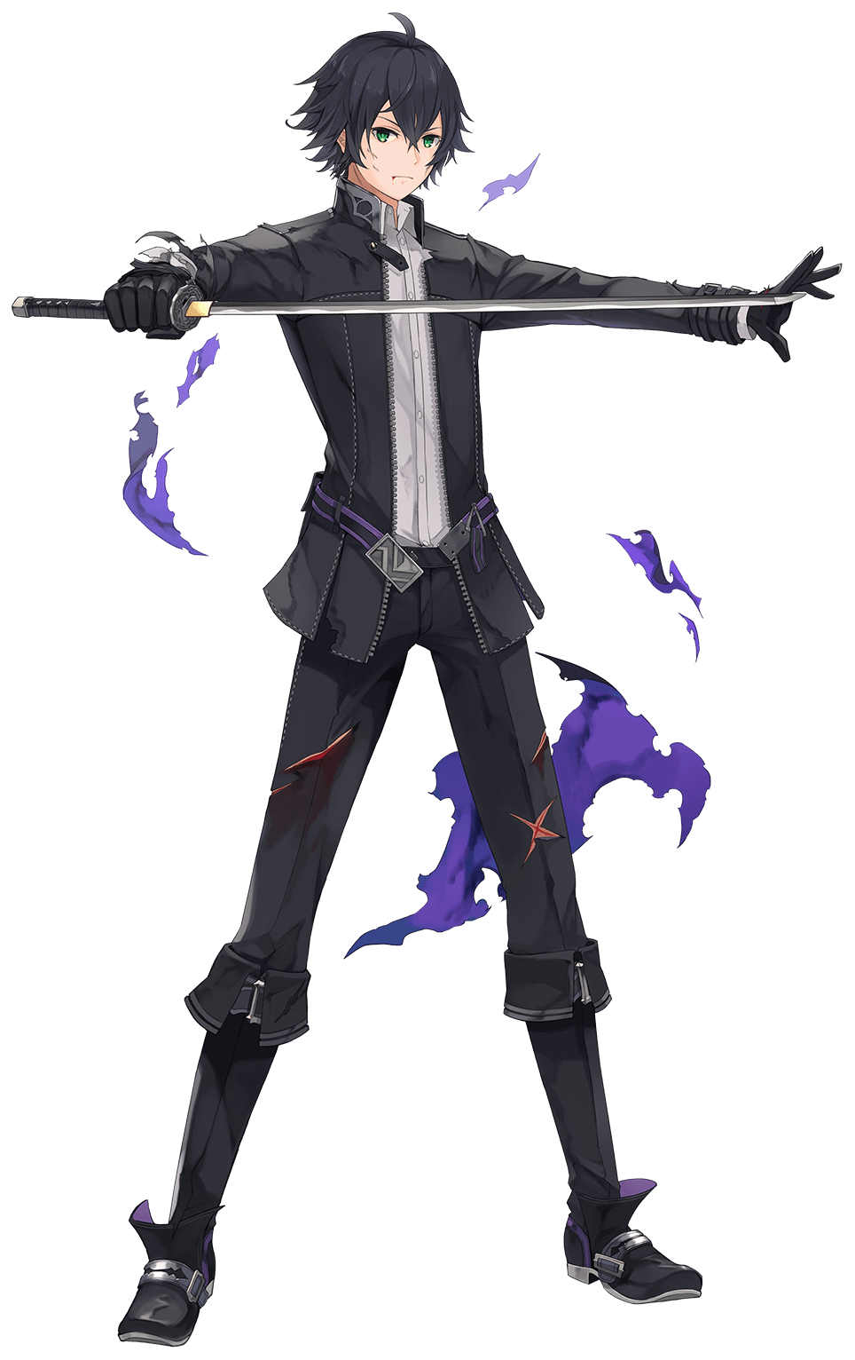 1boy, ahoge, black_gloves, black_hair, black_pants, blood, blood_on_face, boots