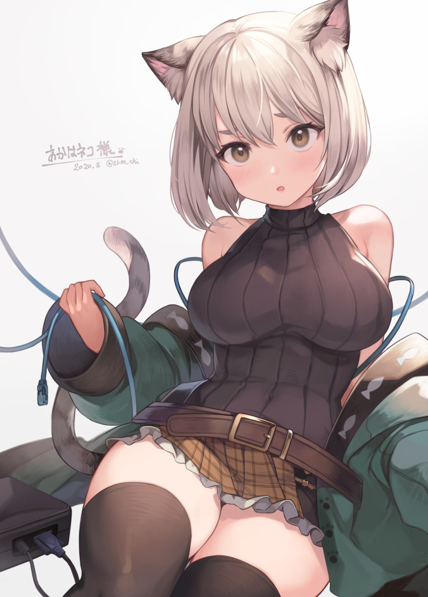 1girl, absurdres, animal_ear_fluff, animal_ears, animal_print, artist_name, bare_shoulders, belt