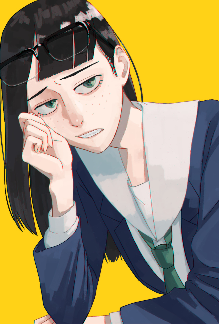 1girl, asymmetrical_bangs, bangs, blazer, blue_hair, domonjoshamambe, eizouken_ni_wa_te_wo_dasu_na!, eyewear_on_head