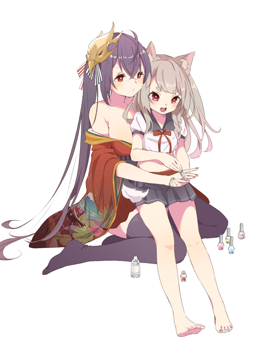 2girls, ahoge, animal_ear_fluff, animal_ears, azur_lane, bangs, bare_shoulders, barefoot