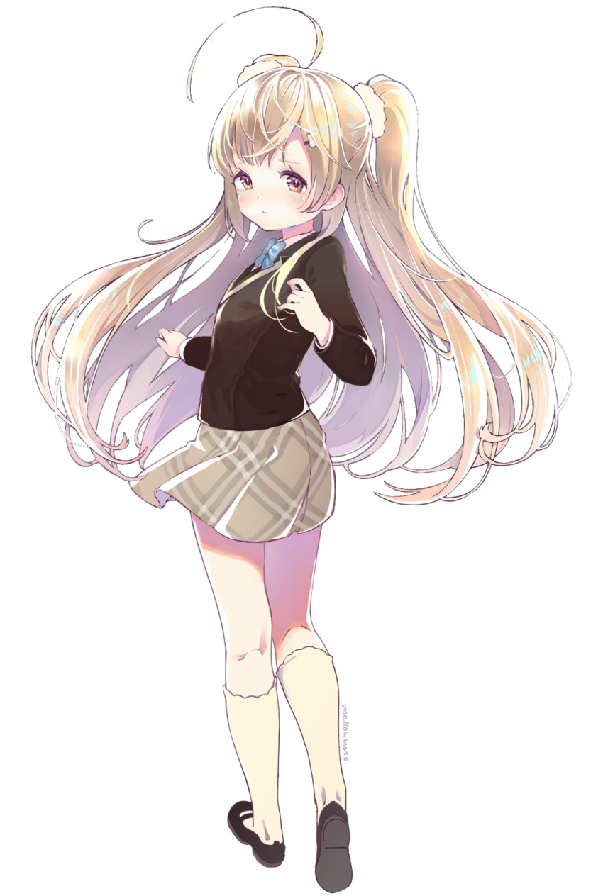 1girl, ahoge, azur_lane, beige_legwear, black_footwear, blonde_hair, blue_neckwear, bow