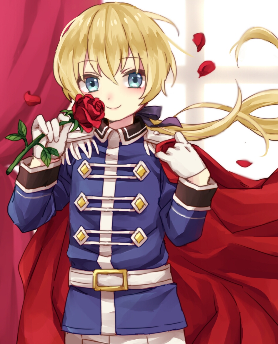 1boy, anthony_(doubutsu_no_mori), belt, blonde_hair, blue_eyes, bow, cape, curtains