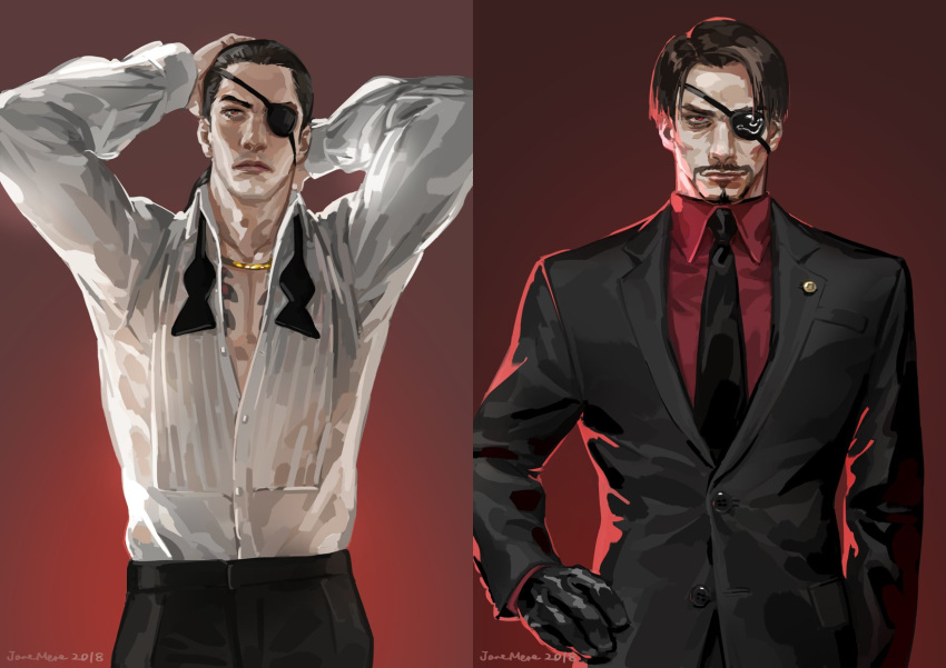 2018, 2boys, arms_behind_head, bandages, black_hair, black_pants, dress_shirt, eyebrows