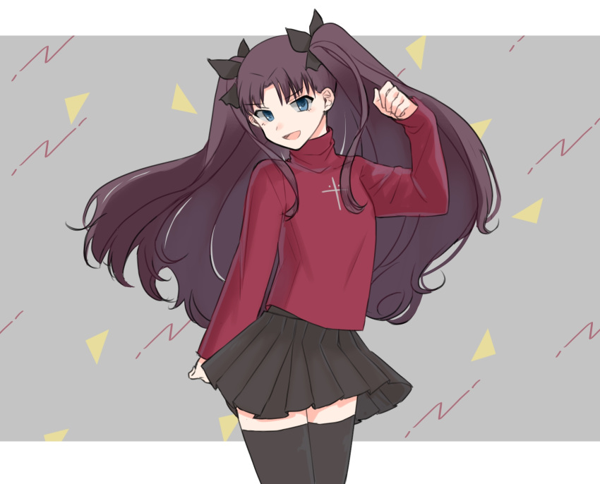 1girl, :d, aaru_(kerogero1582), arm_behind_back, black_legwear, black_skirt, border, brown-haired_girl_(23), fate/stay_night, fate_(series), green_eyes, grey_background, highres, letterboxed, long_hair, long_sleeves, open_mouth, red_sweater, skirt, smile, solo, sweater, thigh-highs, toosaka_rin, turtleneck, twintails, white_border, zettai_ryouiki