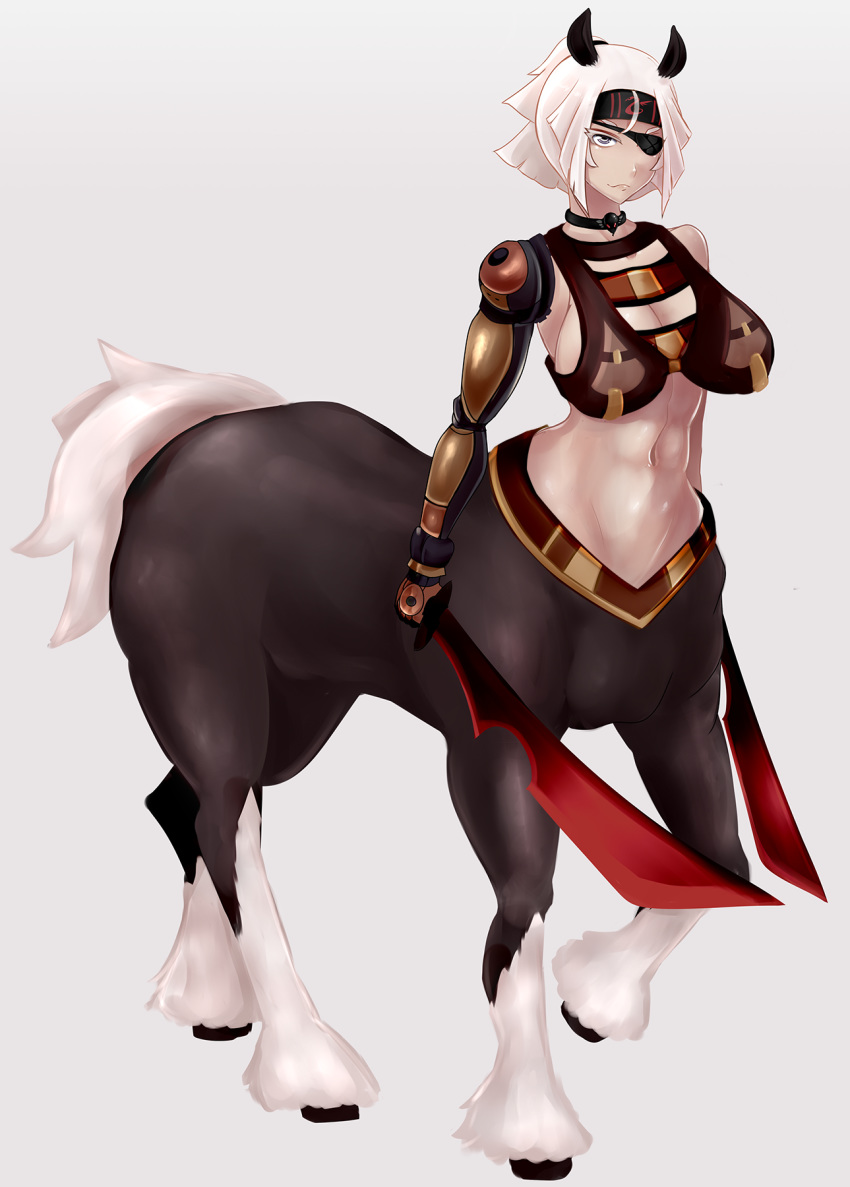 1girl, animal_ears, armor, breasts, centaur, choker, dual_wielding, eyepatch, full_body, highres, holding, holding_sword, holding_weapon, horizontal_pupils, horse_ears, horse_tail, large_breasts, monster_girl, monster_girl_island, navel, redamz, short_hair, simple_background, solo, standing, sword, tail, therona, weapon, white_eyes, white_hair