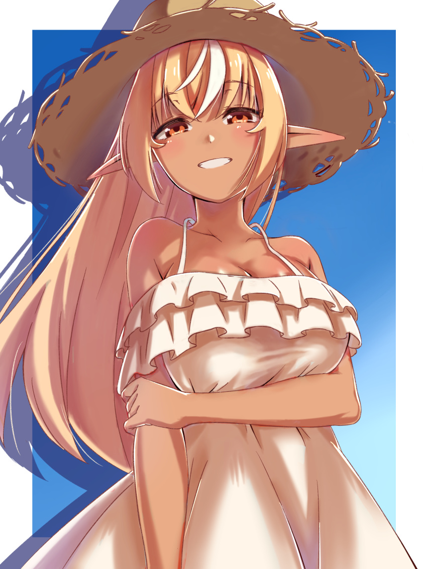 1girl, absurdres, arm_at_side, arm_grab, blonde_hair, blue_background, border, breasts