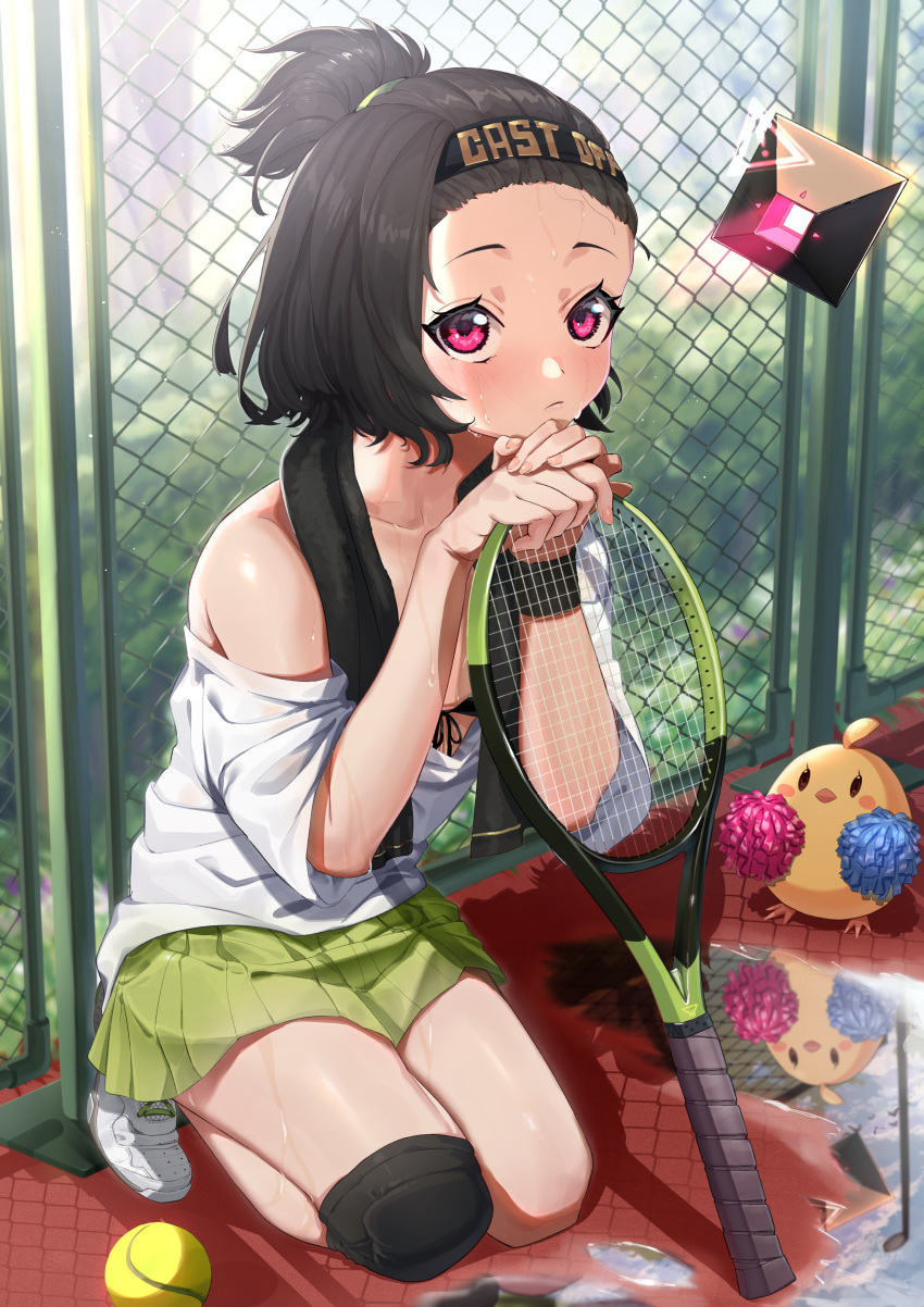 1girl, absurdres, azur_lane, ball, bangs_pinned_back, black_hair, black_headband, black_towel