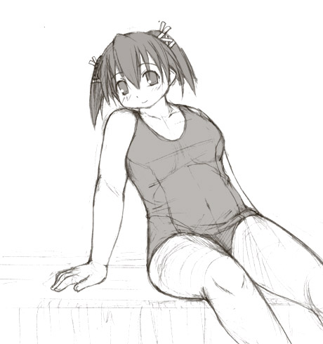 chubby, kasuga_yukihito, lowres, mahou_sensei_negima, mahou_sensei_negima!, monochrome, one-piece_swimsuit, plump