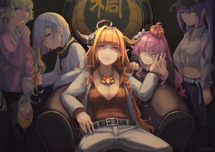 5girls, ahoge, amane_kanata, arm_at_side, baseball_cap, belt, black_headwear, black_pants