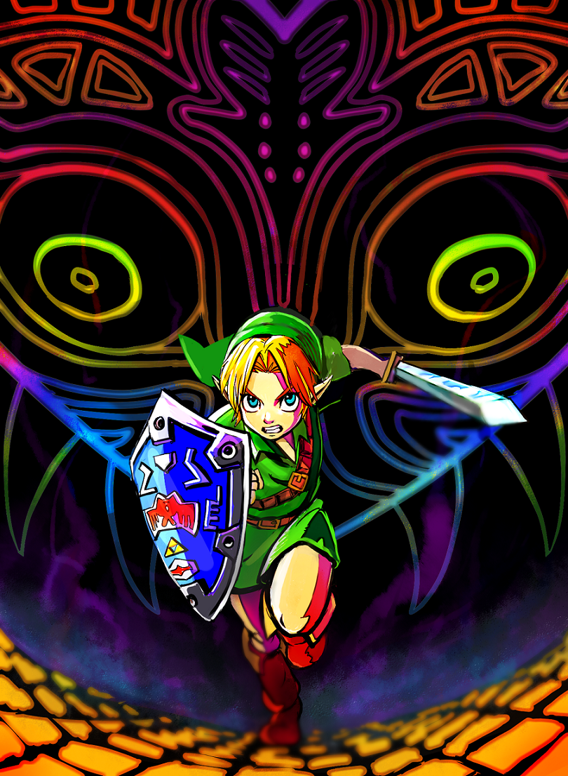 1boy, abstract_background, blue_eyes, boots, butiboco, clenched_teeth, green_headwear, green_tunic