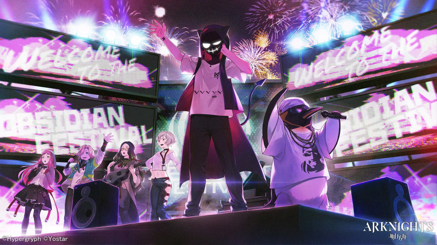 5girls, aerial_fireworks, alty_(arknights), animal, arknights, arm_up, aya_(arknights), backlighting
