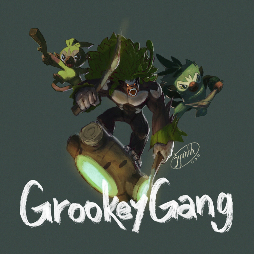 commentary_request, creature, english_text, full_body, gen_8_pokemon, grey_background, grookey, highres