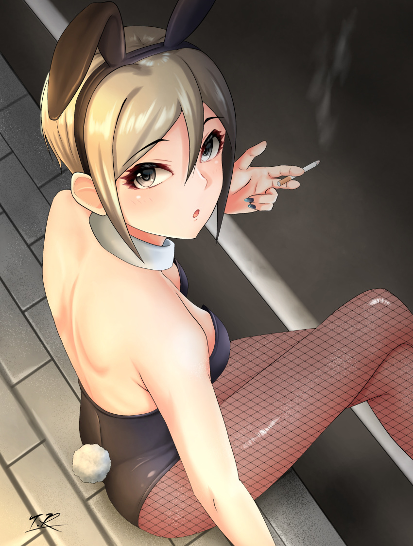 1girl, absurdres, animal_ears, black_eyes, black_leotard, blonde_hair, brown_legwear, bunny_girl