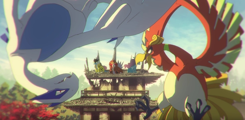 bird, blue_sky, brass_tower_(pokemon), clouds, cloudy_sky, commentary, creature, day, ecruteak_city, english_commentary, entei, flying, gen_2_pokemon, ho-oh, lugia, no_humans, outdoors, plumepox, pokemon, pokemon_(creature), raikou, ruins, sky, suicune, tower