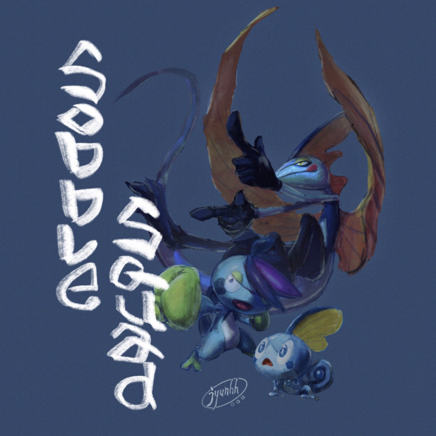 blue_background, blue_eyes, blue_theme, commentary_request, creature, drizzile, english_text, falling
