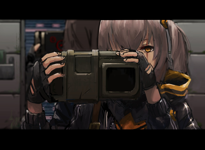 1girl, bangs, black_gloves, brown_hair, camera, fingerless_gloves, girls_frontline, gloves