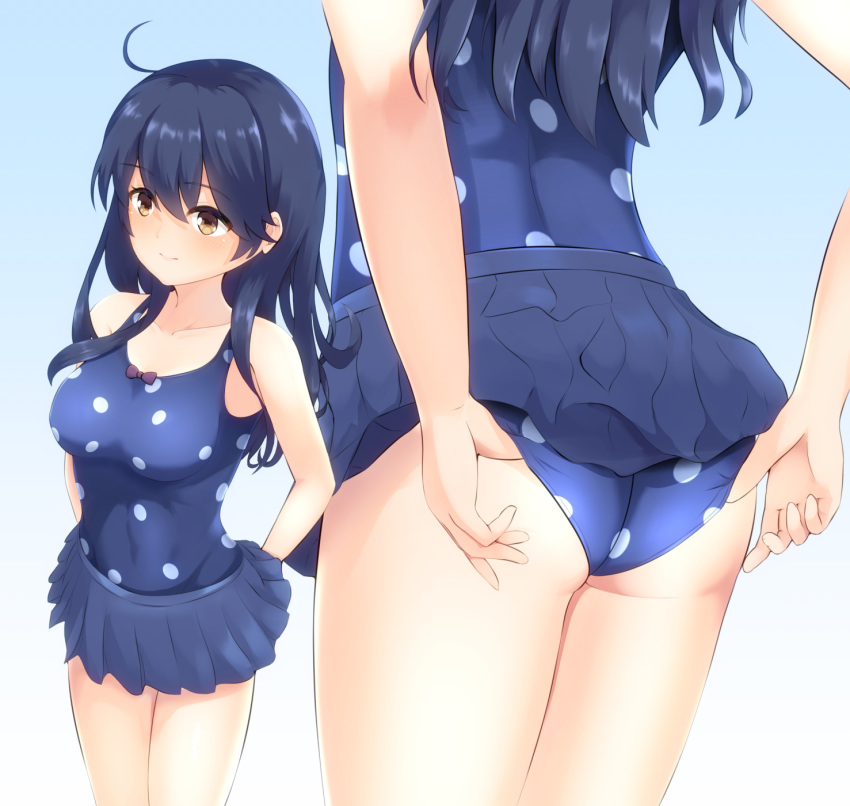 1girl, adjusting_clothes, adjusting_swimsuit, ahoge, ass, black_hair, blue_background, blue_skirt, blue_swimsuit, breasts, brown_eyes, casual_one-piece_swimsuit, collarbone, eyebrows_visible_through_hair, gradient, gradient_background, hair_between_eyes, highres, kantai_collection, large_breasts, lips, long_hair, looking_away, ochikata_kage, one-piece_swimsuit, polka_dot, polka_dot_swimsuit, ribbon, school_uniform, serafuku, skirt, smile, solo, swimsuit, ushio_(kantai_collection), white_background