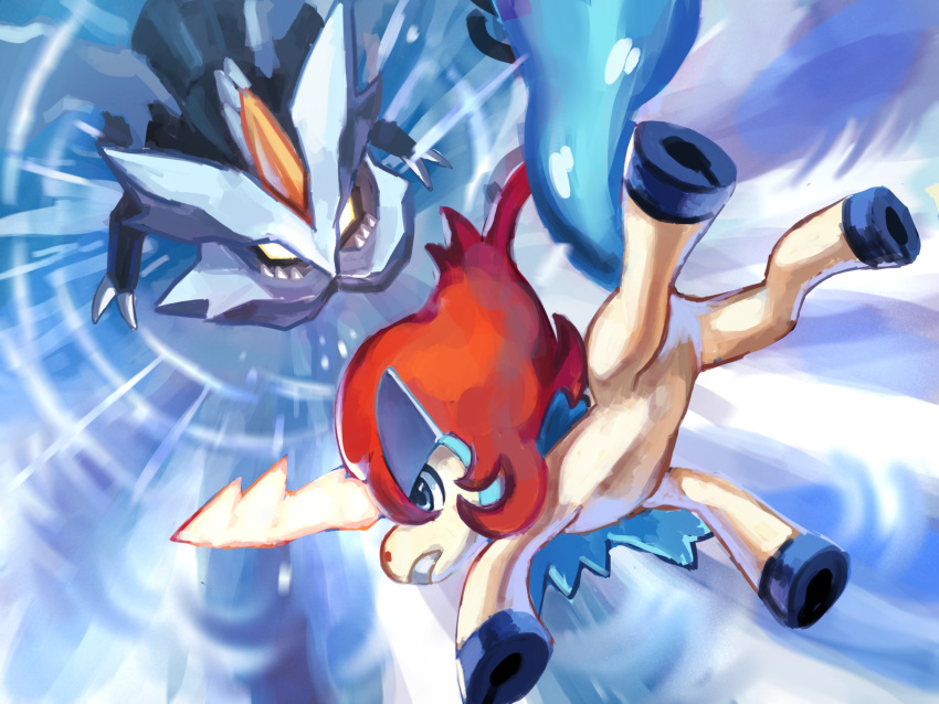 battle, blue_eyes, claws, commentary_request, creature, eye_contact, frown, gen_5_pokemon