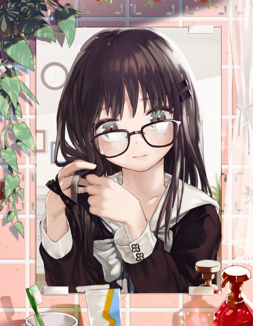1girl, black-framed_eyewear, black_hair, clock, glasses, hand_in_hair, highres, indoors