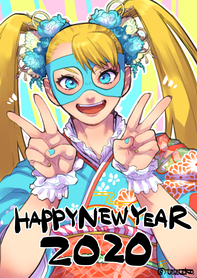 1girl, 2020, blonde_hair, blue_eyes, blue_kimono, commentary_request, double_v, floral_print