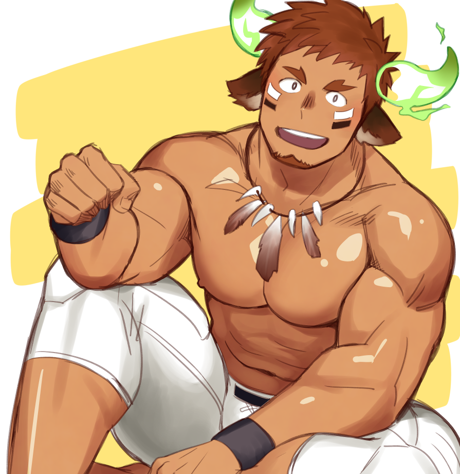 1boy, abs, animal_ears, bara, beard, brown_hair, chest, clenched_hands
