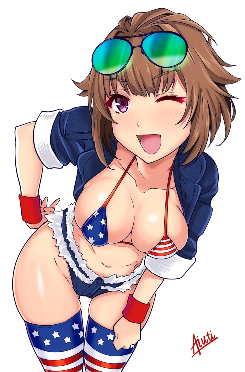 1girl, aiuchi, american_flag_bikini, american_flag_legwear, artist_name, aviator_sunglasses, bikini, breasts