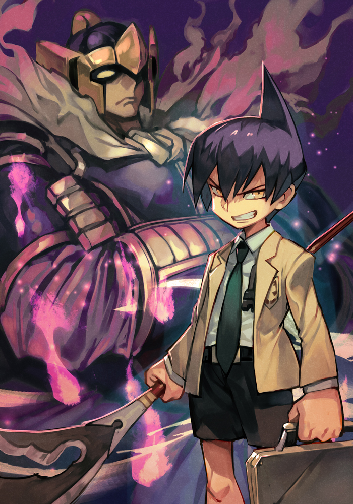 2boys, armor, bason, belt, belt_buckle, black_hair, black_shorts, briefcase