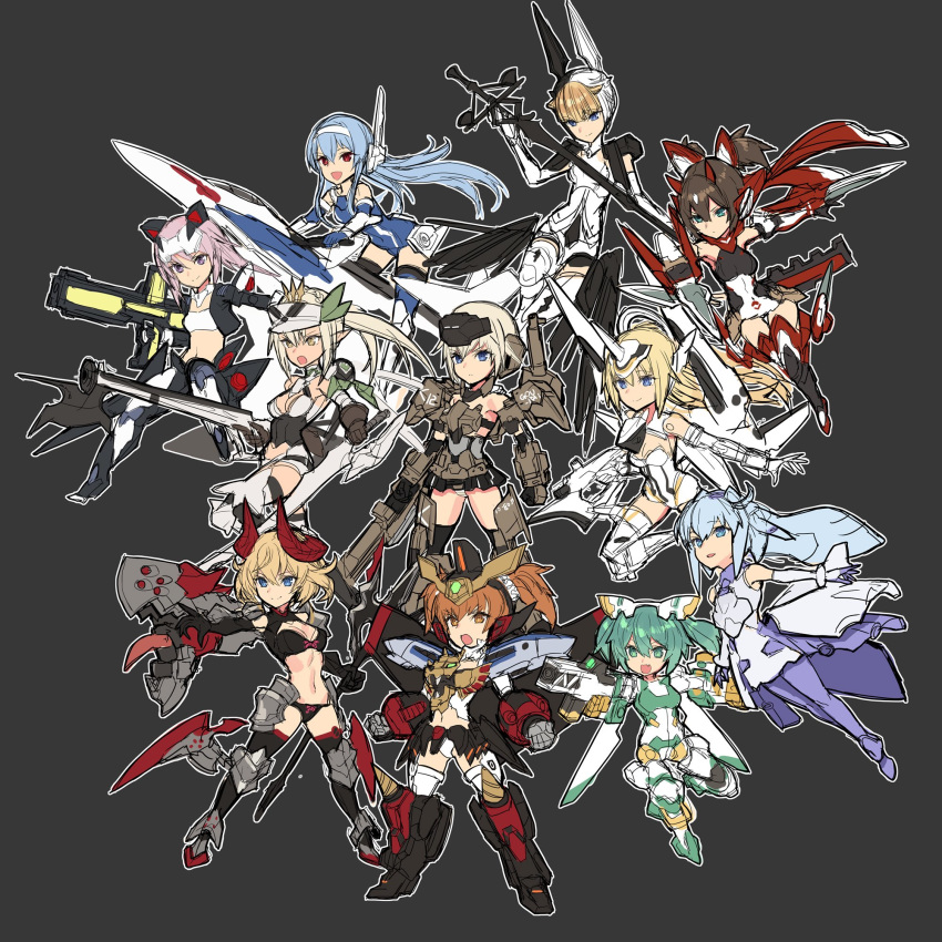 akatsubaki, artist_request, blonde_hair, blue_eyes, blue_hair, character_request, clenched_hands, copyright_request, crossover, frame_arms_girl, gaogaigar, gourai, grey_background, gundam, gundam_build_divers, hairband, highres, infinite_stratos, macross, macross_delta, mecha_musume, midriff, open_mouth, pink_hair, red_eyes, sara_(gundam_build_divers), shinonono_houki, source_request, super_robot_wars, sylphy_(frame_arms_girl), variable_fighter_girls, vf-31j, yellow_eyes, yuusha_ou_gaogaigar, yuusha_series