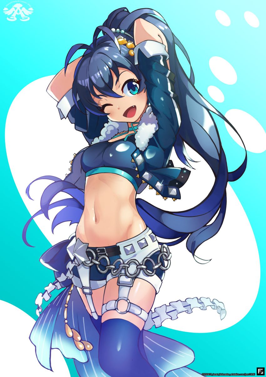 1girl, ;d, absurdres, antenna_hair, arms_behind_head, arms_up, artist_logo, artstation_username, bangs, belly_chain, belt, black_belt, black_hair, blue_background, blue_bow, blue_choker, blue_eyes, blue_jacket, blue_legwear, blue_shorts, blue_sports_bra, blush, bow, breasts, choker, commentary_request, cowboy_shot, crop_top, cropped_jacket, dated, eyebrows_behind_hair, fang, fur-trimmed_jacket, fur_trim, ganaha_hibiki, glint, groin, hair_between_eyes, hair_ornament, highres, idolmaster, idolmaster_(classic), jacket, jewelry, logo, long_hair, looking_at_viewer, medium_breasts, midriff, navel, o-ring, o-ring_belt, one_eye_closed, open_mouth, pomu_(formula), ponytail, shiny, shiny_clothes, short_shorts, short_sleeves, shorts, sidelocks, simple_background, smile, solo, sports_bra, standing, thigh-highs, thigh_strap, two-tone_background, waist_bow, white_background