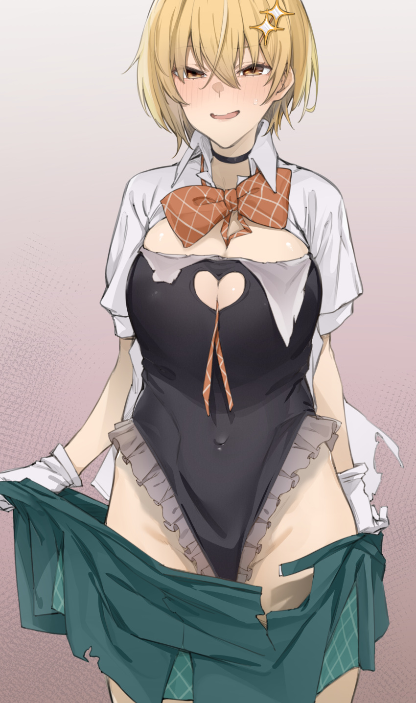 1girl, absurdres, between_breasts, black_choker, black_swimsuit, blonde_hair, blush, bow