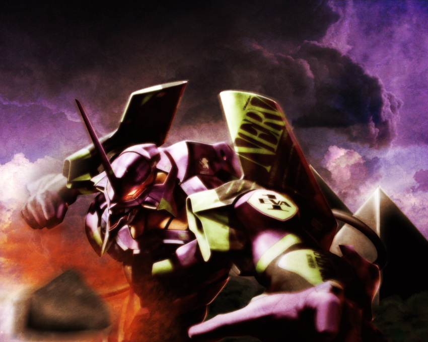 eva-01, eva_01, glowing_eye, incoming_punch, mecha, neon_genesis_evangelion, punching, pyramid, red_eyes, solo