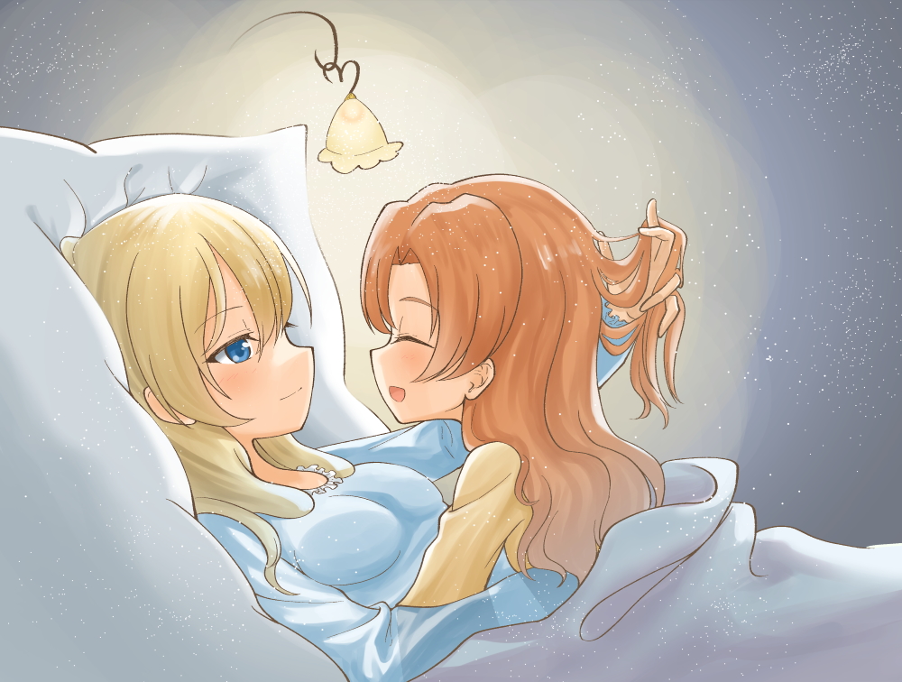 2girls, alternate_hairstyle, bangs, bed_sheet, blonde_hair, blue_eyes, blue_nightgown, closed_eyes