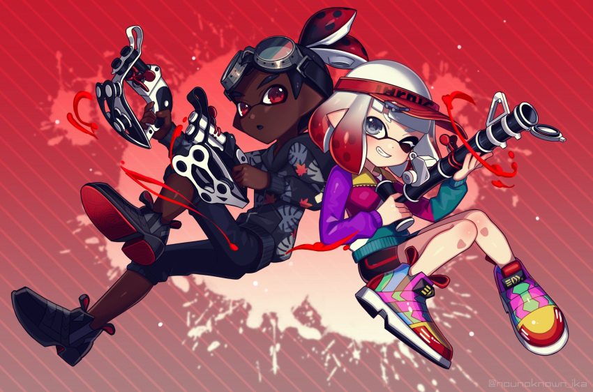 1boy, 1girl, ;), back-to-back, bamboozler_14_(splatoon), bangs, black_footwear, black_hair