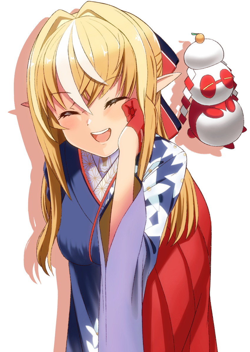 1girl, ^_^, ^o^, absurdres, ahoge, asa_no_ha_(pattern), blonde_hair, blue_kimono
