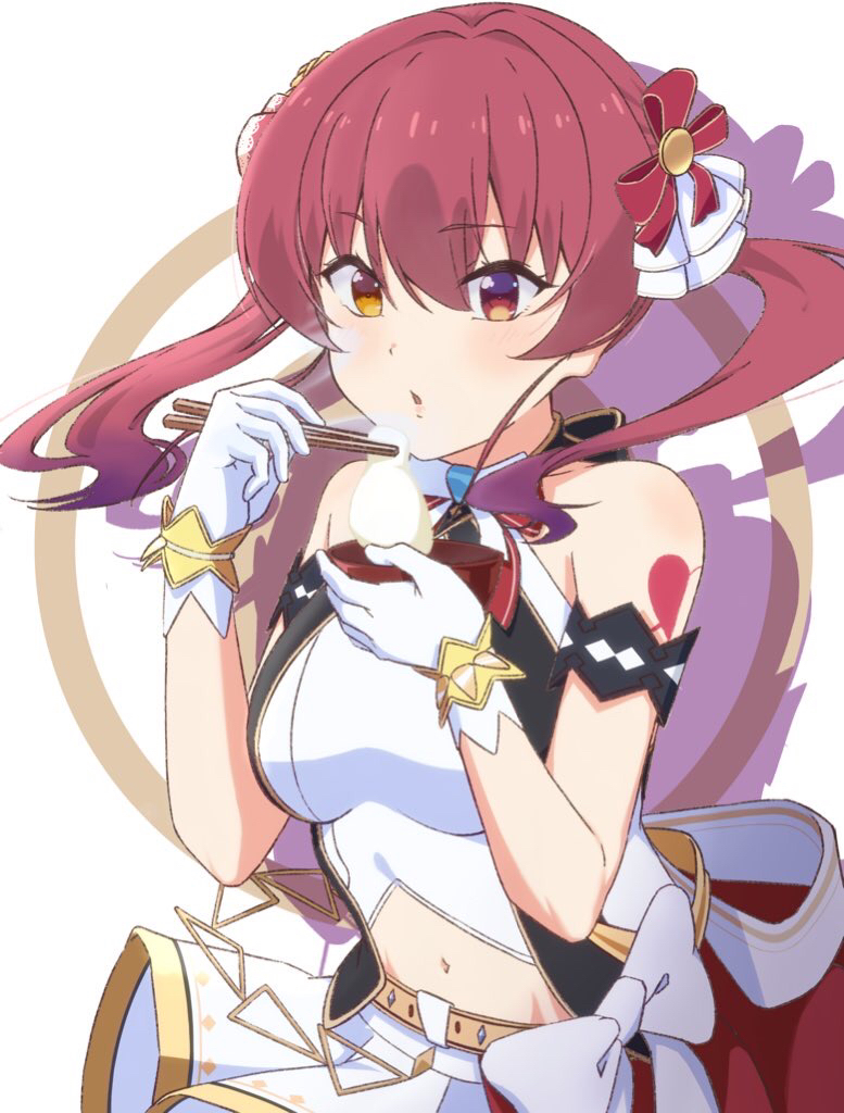 1girl, armband, arrow_through_heart, blowing_on_food, blush, bow, bowl, breasts