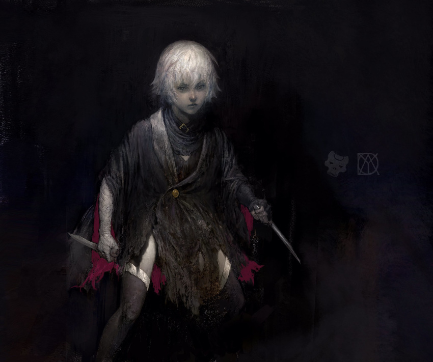 1girl, bandaged_arm, bandages, black_background, black_footwear, black_gloves, closed_mouth, dagger, dual_wielding, fate_(series), fingerless_gloves, gloves, grey_eyes, highres, holding, holding_dagger, holding_weapon, jack_the_ripper_(fate/apocrypha), short_hair, solo, torn_clothes, weapon, white_hair, yoda_yo