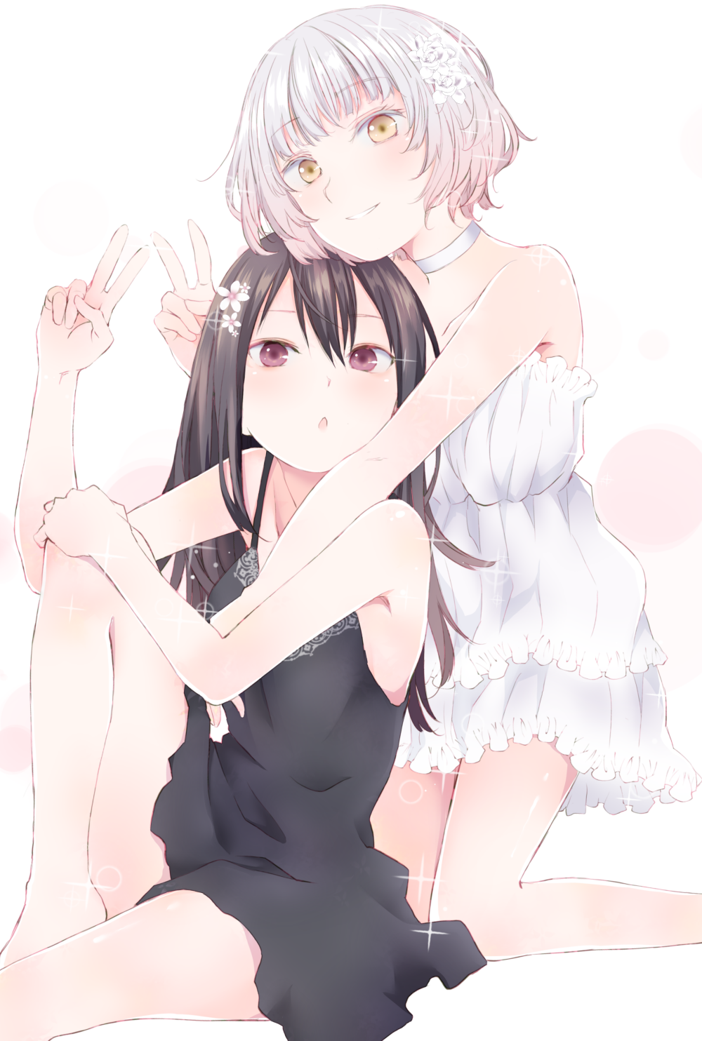 2girls, act-age, bangs, black_dress, black_hair, brown_eyes, choker, dress