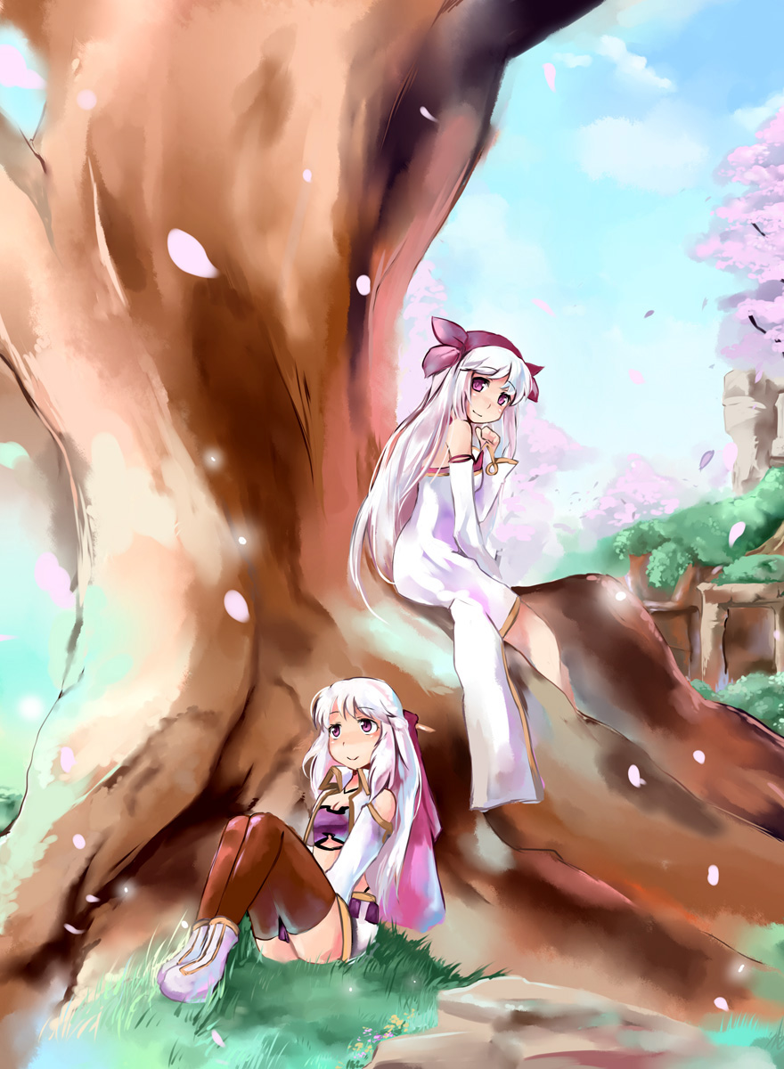 2girls, bad_id, cherry_blossoms, hair_ribbon, hair_ribbons, highres, in_tree, iris_(latale)