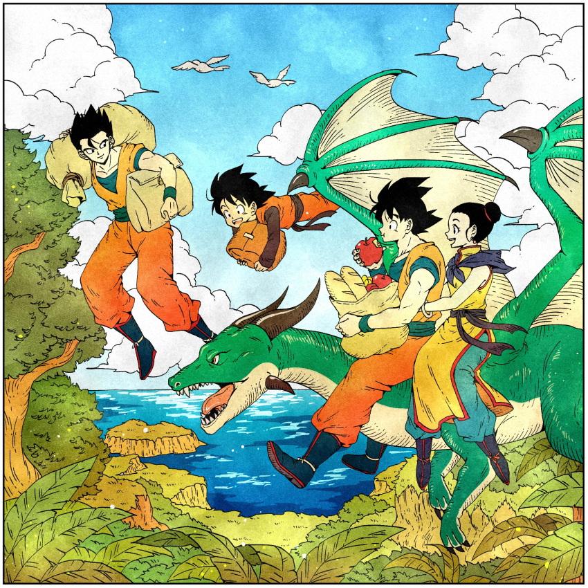 1girl, 3boys, :d, animal, apple, arms_around_waist, bangs, bare_arms, bare_shoulders, bird, black_eyes, black_hair, blue_footwear, blue_sky, boots, border, bracelet, bread, brothers, bush, carrying, carrying_over_shoulder, carrying_under_arm, chewing, chi-chi_(dragon_ball), china_dress, chinese_clothes, clouds, cloudy_sky, couple, day, dot_nose, dougi, dragon, dragon_ball, dragon_ball_z, dragon_riding, dress, earrings, eating, family, father_and_son, flying, food, forest, fruit, full_body, grass, hair_bun, happy, hetero, highres, jewelry, leaf, long_sleeves, looking_afar, looking_at_another, looking_back, messy_hair, mother_and_son, multiple_boys, nature, neckerchief, ocean, open_mouth, outdoors, profile, purple_neckwear, riding, sharp_teeth, siblings, side_slit, sitting, sky, sleeveless, sleeveless_dress, smile, son_gohan, son_gokuu, son_goten, teeth, toritoki_(trig_tkdb), tree, upper_teeth, water, white_border, wristband, yellow_dress